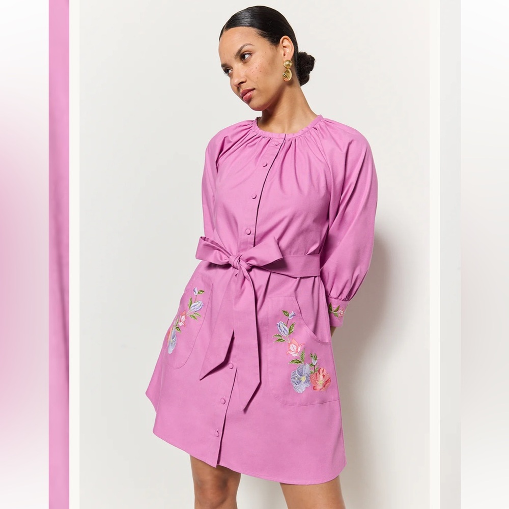 Fanm Mon Kety Mini Dress Tie Belt Pouf Sleeve Floral Embroidered Plum Pink Small